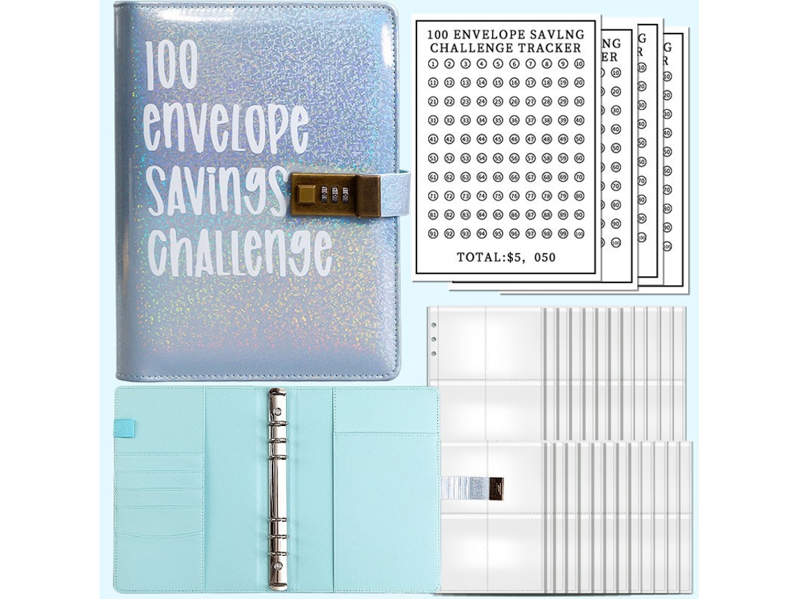 100-envelope Challenge Binder With Lock Iridescent Blue 8 5-inch, 100day Savings Notebook, Includes Card Sleeves And