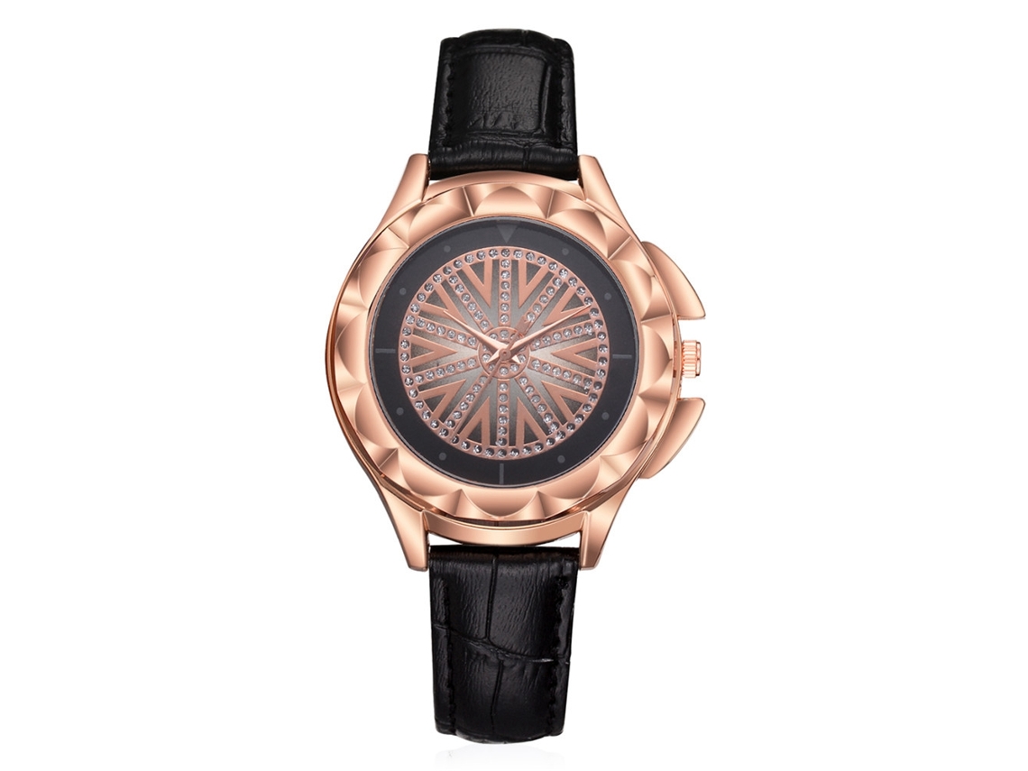 Relógio de Pulso Feminino Casual de Quartzo com Strass e Couro Pu Preto