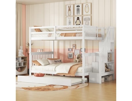 Beliche Cama Infantil 140x200 Cm Com Estante Escada E Cerca Segura, Equipado Com Cama De Rodízios Extensível, Em Madeira De Pinho E Mdf Flieks