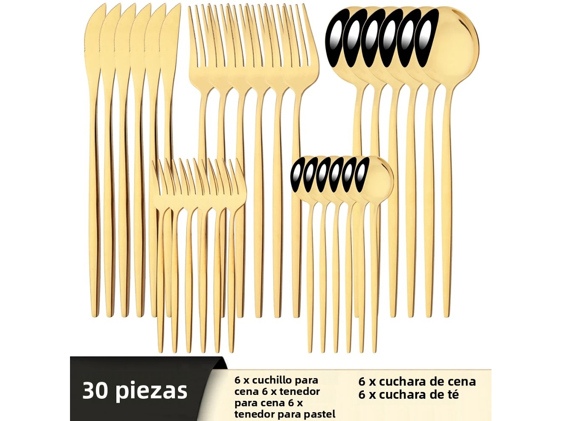 Conjunto de Talheres de Aço Inoxidável com 30 Peças: Faca, Garfo, Colher, Talheres e Utensílios de Prata. MDUG (dourado)