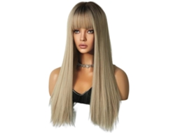 Peruca para Cosplay, Cabelo Loiro Champanhe com Mechas Castanhas, 64 Cm, Estilo Europeu e Americano, Cabelo Longo e Liso. SFUSHOS