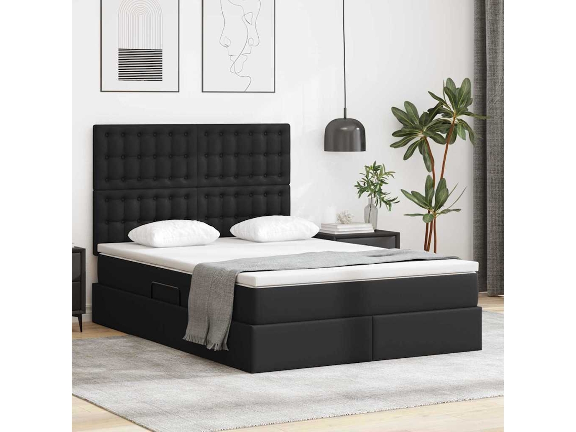 Vidaxl Cama Com Arrumação E Led Preto 140 X 190 Cm Couro Sintético