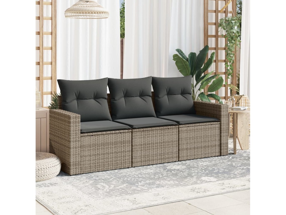 Vidaxl 3 Pcs Conjunto Sofás De Jardim C/ Almofadões Vime Pe Cinzento