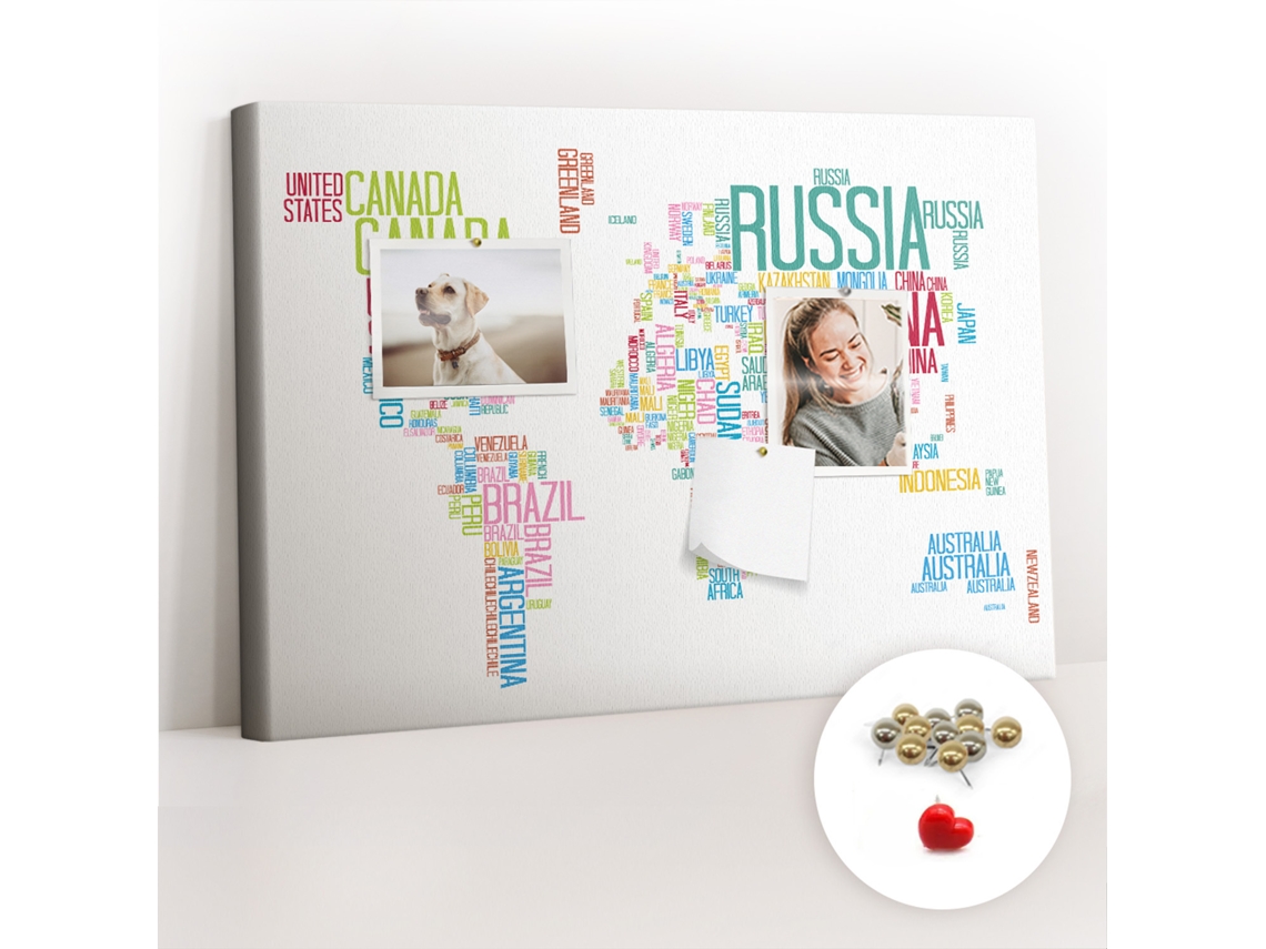 Quadro De Cortiça Com Impressão Mapa De Nomes De Países Para O Corredor Espelharte (60x40 Cm)