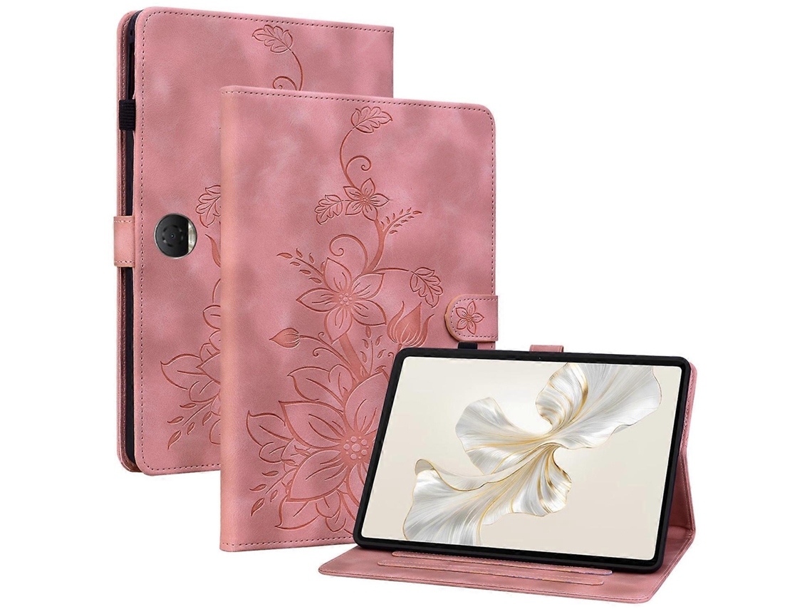 Capa Hengrongshen para Honor Pad 9 com compartimentos para cartões e suporte, capa de couro com estampa de lírio rosa