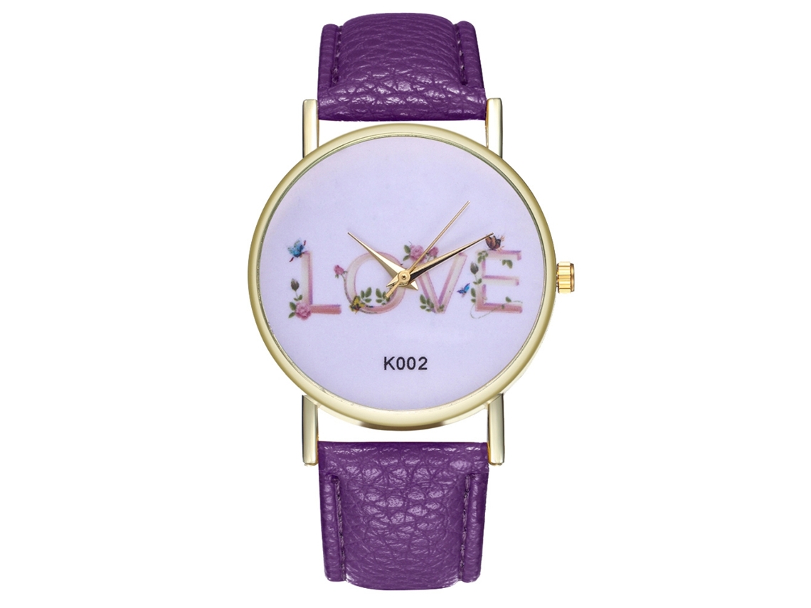Relógio de pulso unissex Zhoulianfa Love Letters Quartz em couro PU (roxo)