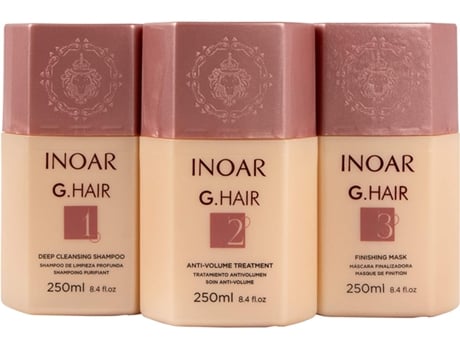 Sistema de Alisamento Capilar de Queratina BRAZILIANHAIRPRODUCTS Inoar Professional G-Hair Champô+Tratamento Anti-Volume+Máscara (8,45 Fl. Oz.)