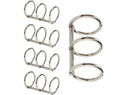 5 argolas para fichário, 3 alfinetes de papel e material escolar para enfiar álbuns de recortes.