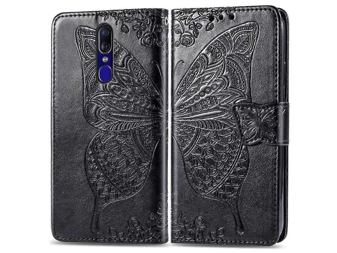 Capa De Couro Com Aba Horizontal, Estampa De Borboletas E Flores Em Relevo, Para Oppo F11, Com Suporte, Compartimentos Para Cartões, Carteira E Cordão