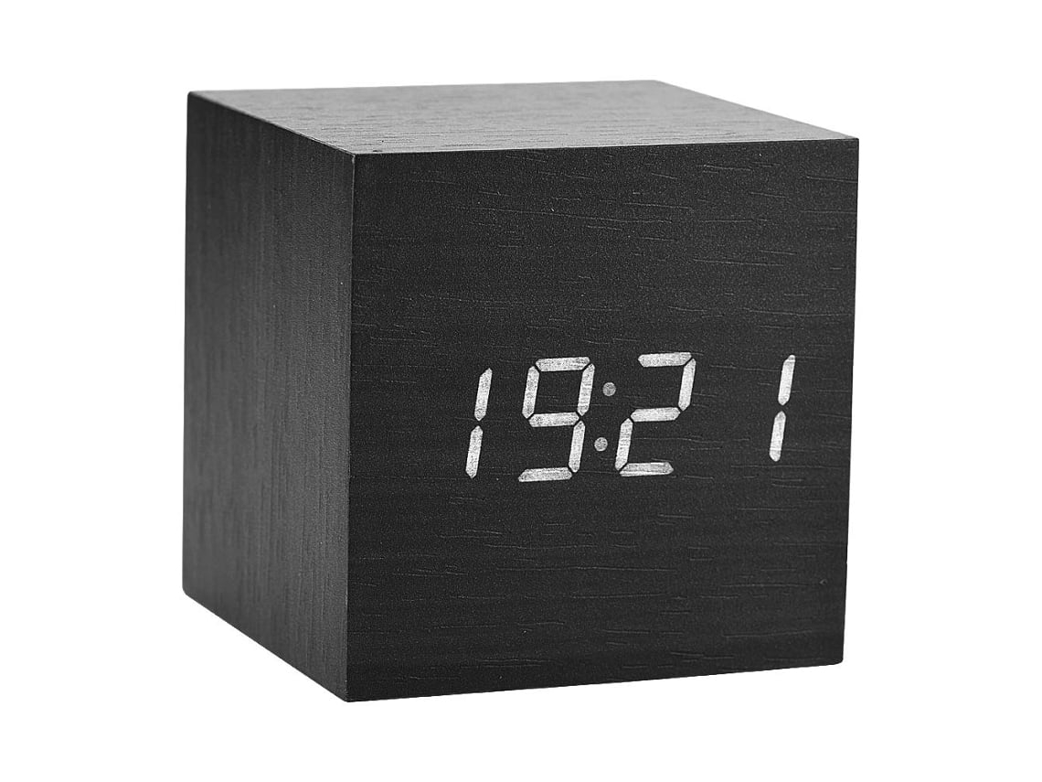 Despertador de LED para área de trabalho, com visor digital em formato de cubo/retângulo/triângulo, exibindo temperatura e dados, e alarme digital (não aplicável).