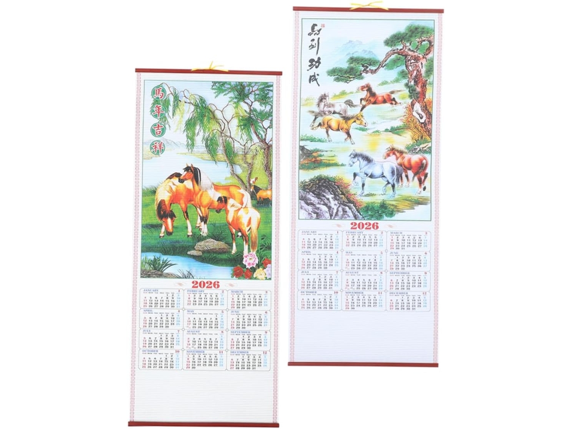Conjunto de 2 Calendários Parede Chineses Alipis, Ano do Cavalo, Calendário Tradicional para Casa e Escritório
