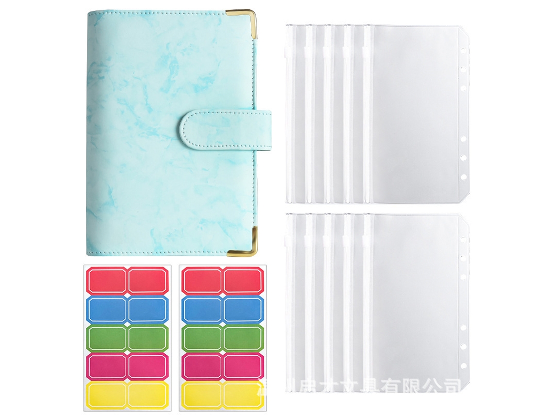 A6 Refillable Leather Pu Marble Pattern Budget Journal Notebook Green Cover With 10-zipper Pockets And 2-sheets Of