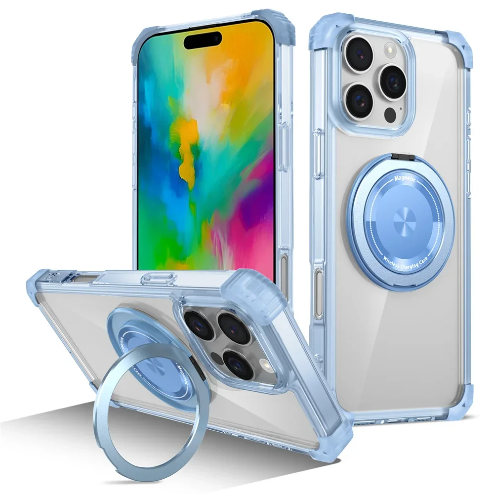 (azul, Iphone 16 Plus) Capa Para Celular Com Carregamento Sem Fio Magnético E Suporte Giratório Transparente E Invisível.