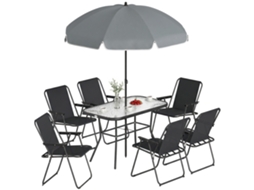 Conjunto de Jardim 8 Peças com Parachuva. 6 Cadeiras Dobráveis e Mesa Externa em Vidro Temperado. Preto Ge
