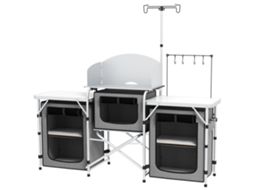 Armário De Cozinha Para Camping Dobrável Com 3 Bancadas, 4 Ganchos, Poste De Luz E Bolsa De Transporte, 172x48x130 Cm, Cinzento