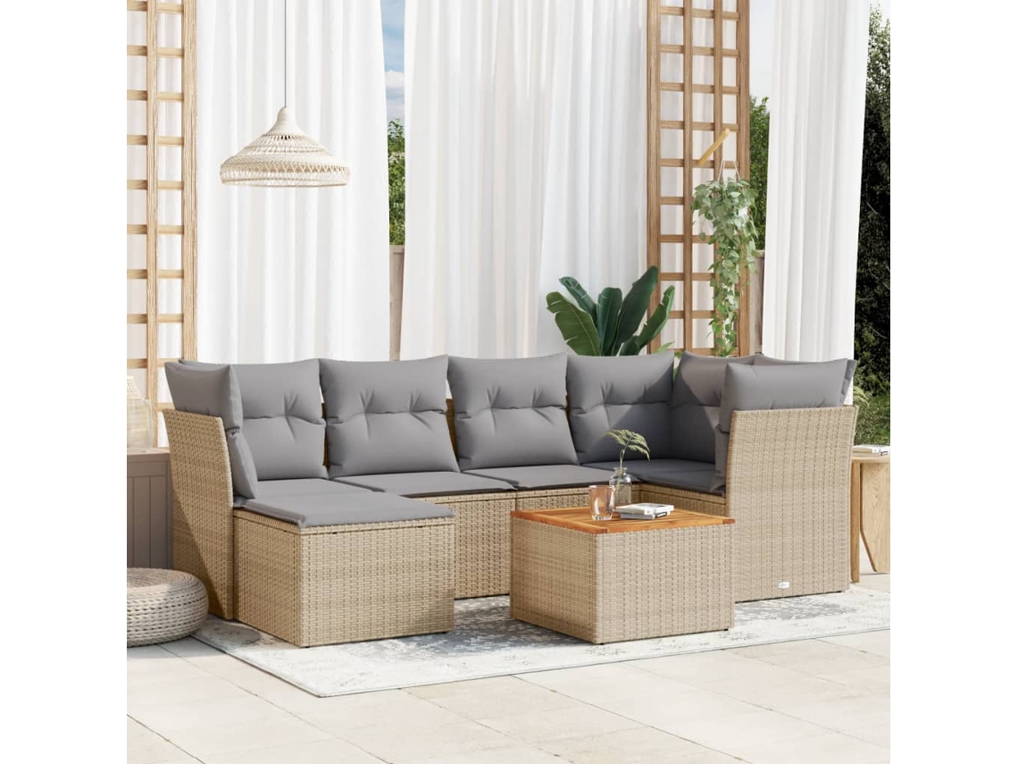 Vidaxl 7 Pcs Conj. Sofás Jardim C/ Almofadões Vime Pe Bege Misturado