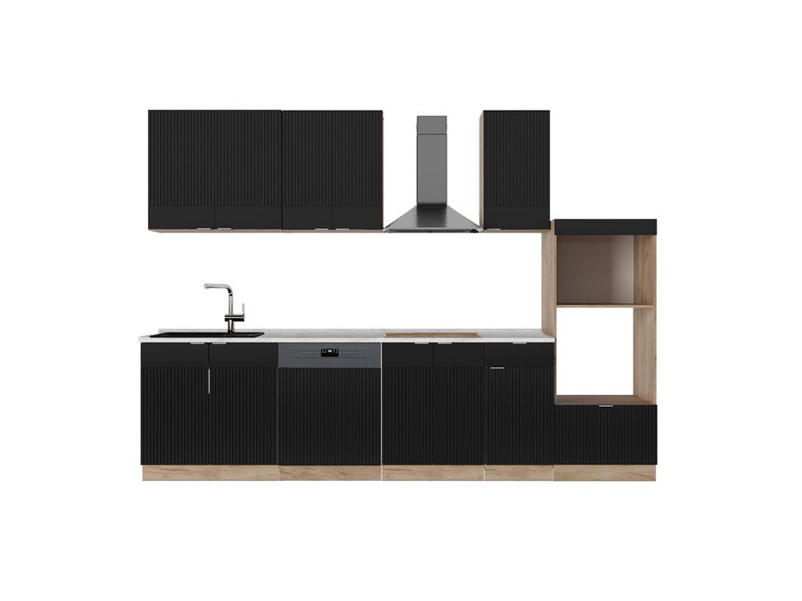 Cozinha Fame-line, 300cm Com Armário Alto, Pt Mármore, Preto Listrado/carvalho Dourado, Vicco 51053
