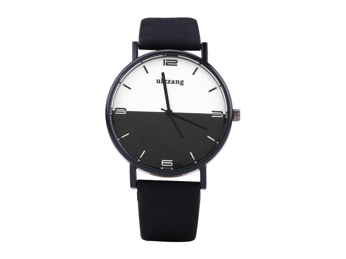 Reloj Analógico De Cuarzo Redondo Con Correa De Pu Ulzzang (correa Negra Dial Blanco Negro)