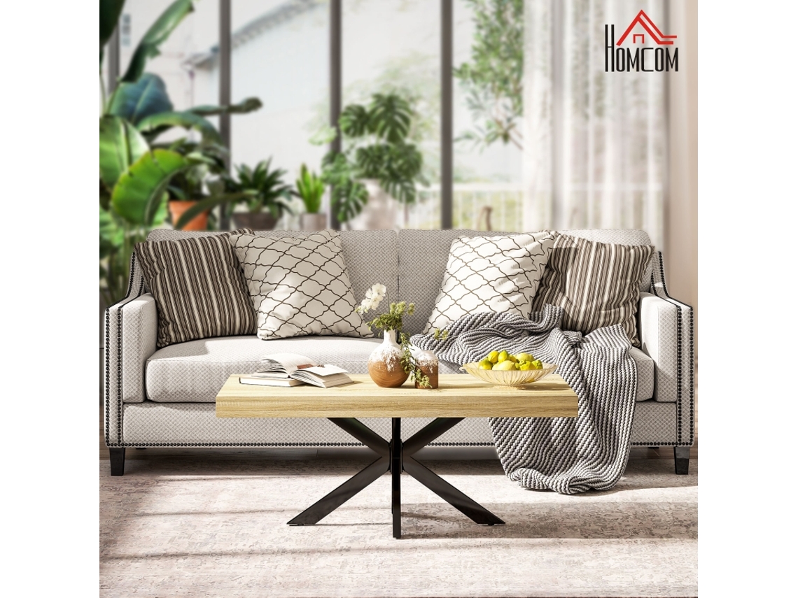 Mesa Baixa Retangular, Mesa Auxiliar, Estilo Industrial Em Metal Preto E Tampo Com Aspeto De Madeira – Dim. 110 × 60 × 45 Cm.