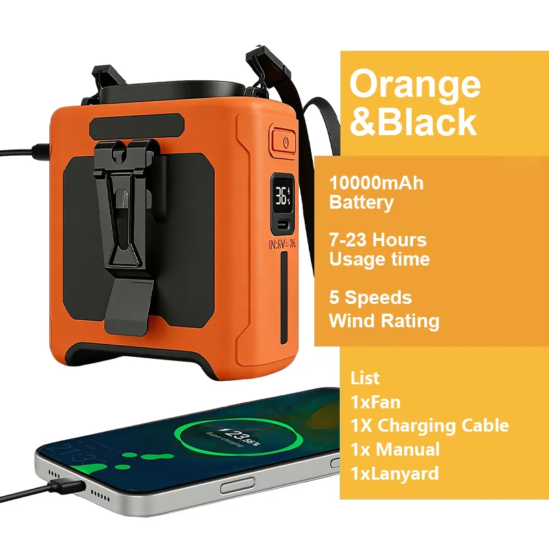 (laranja) Mini ventilador de cintura para camping, ar livre, com luz LED e bateria externa.