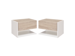 Kit com 2 mesas de cabeceira flutuantes para parede, com gaveta, design bicolor em Carvalho claro e branco