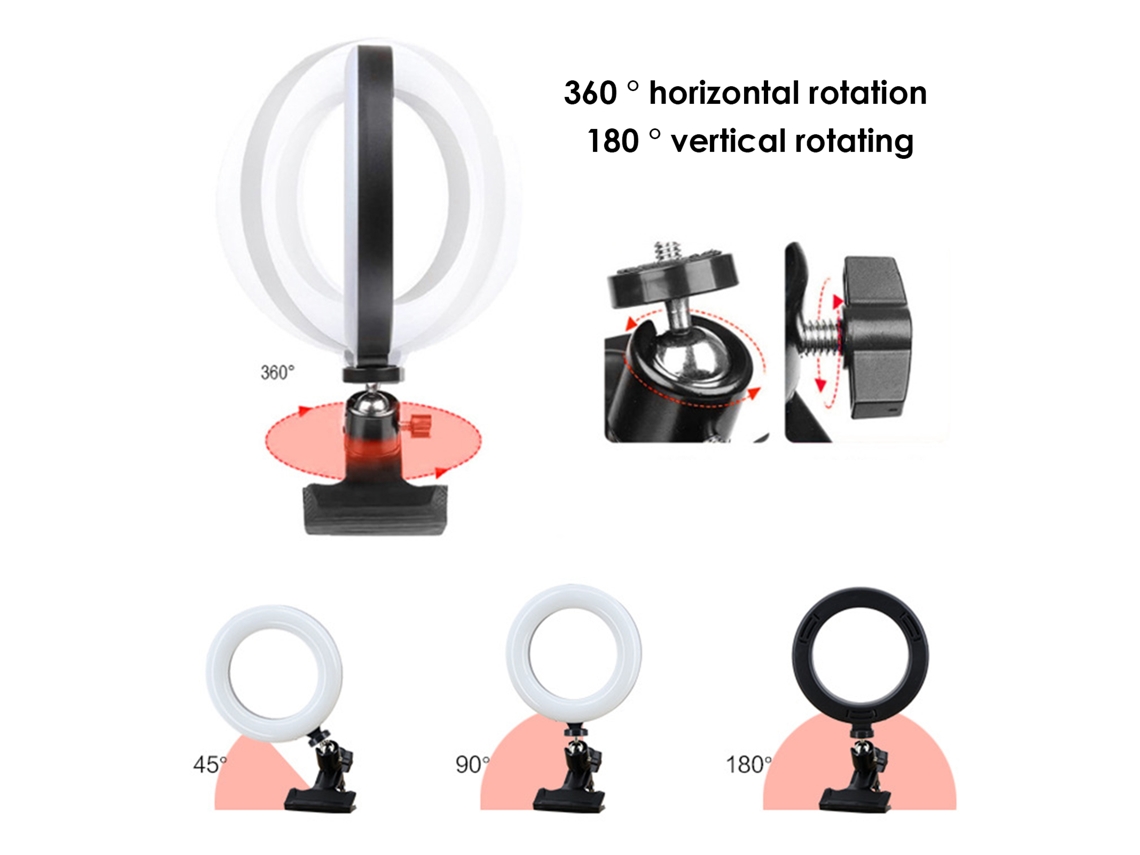 Luz anel selfie 6 polegadas RGB LED com braçadeira brilho ajustável ângulo 360° | S/MARCA