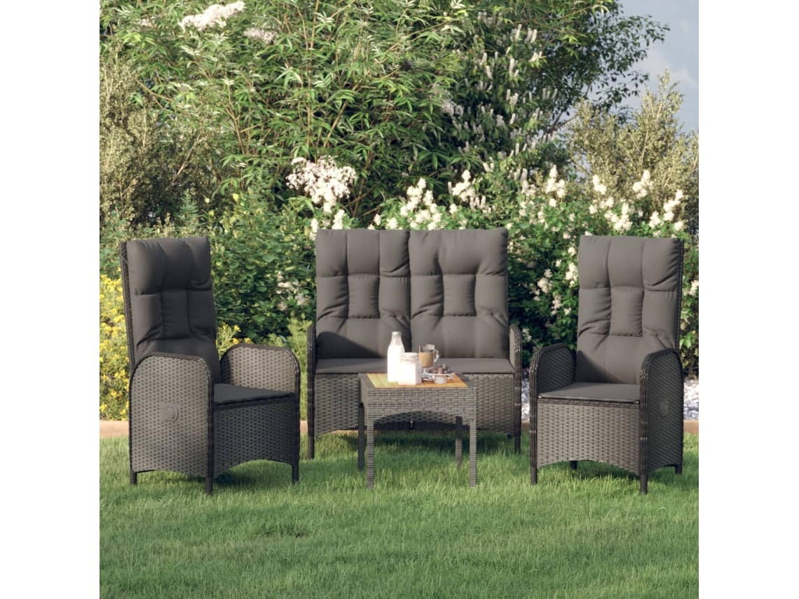 Vidaxl 3 Pcs Conjunto De Jantar P/ Jardim C/ Almofadões Vime Pe Preto