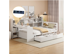 Sofá De Madeira Maciça 90x200 Cm Com Mesa Prateleiras Tomada Branco