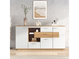 Buffet Moderno Com Led,160x40x77cm,2 Portas,4 Gavetas,prateleira De Vidro,visual Em Madeira,móvel Multifuncional Para Sala Mega Echo Trade Shop