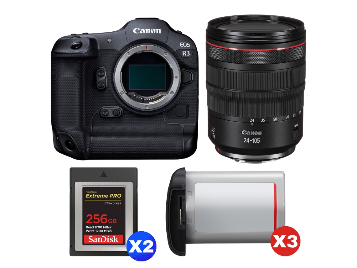 Eos R3 + Rf 24 105mm F/4 L Is Usm + 2 Sandisk 256gb Extreme Pro Cfexpress Type B + 3 Canon Lp e19 + Ebook “20 Dicas para Fotos Que Impressionam” CANON