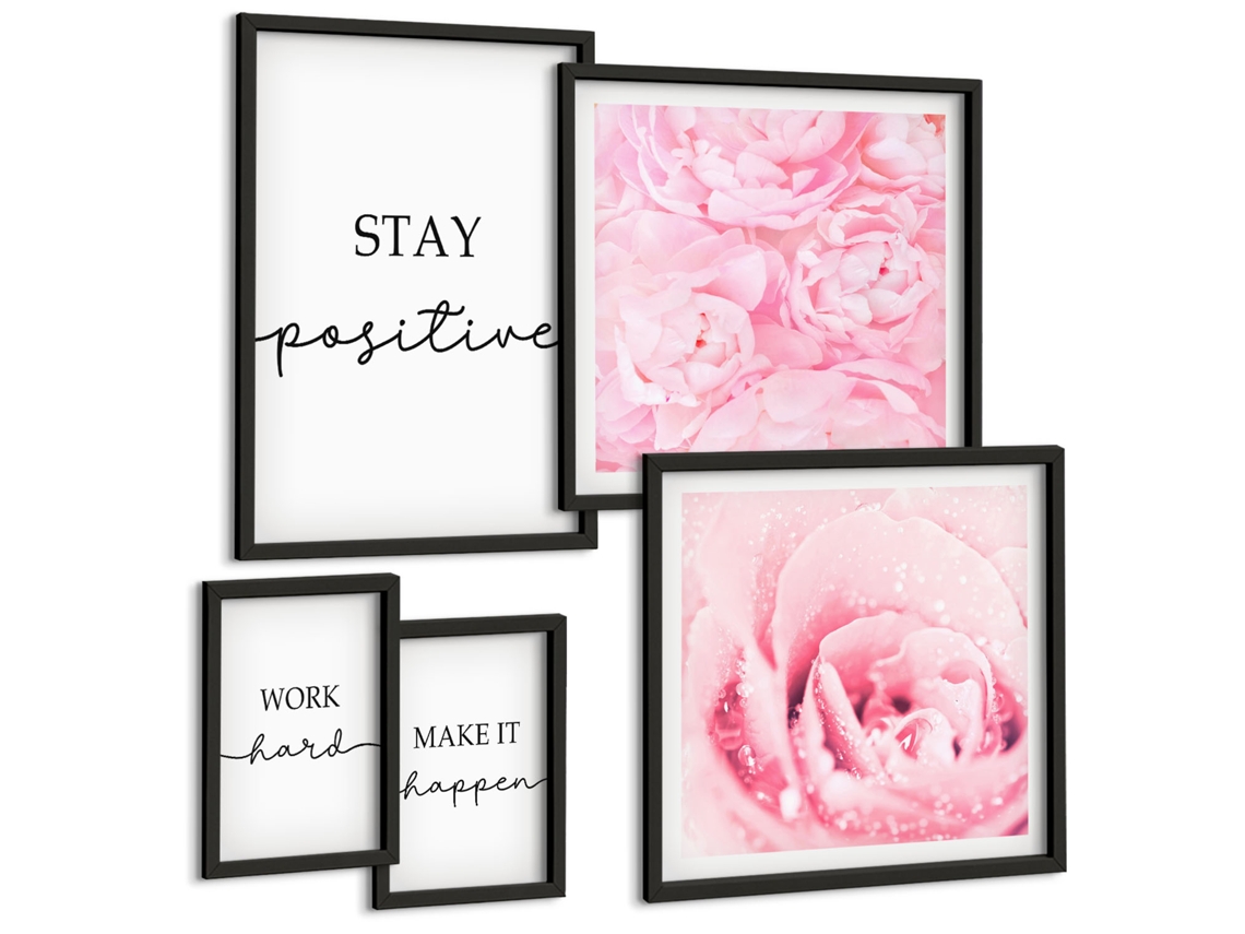 Conjunto De Pinturas Frases Motivacionais Com Flores Espelharte (5 Peças)