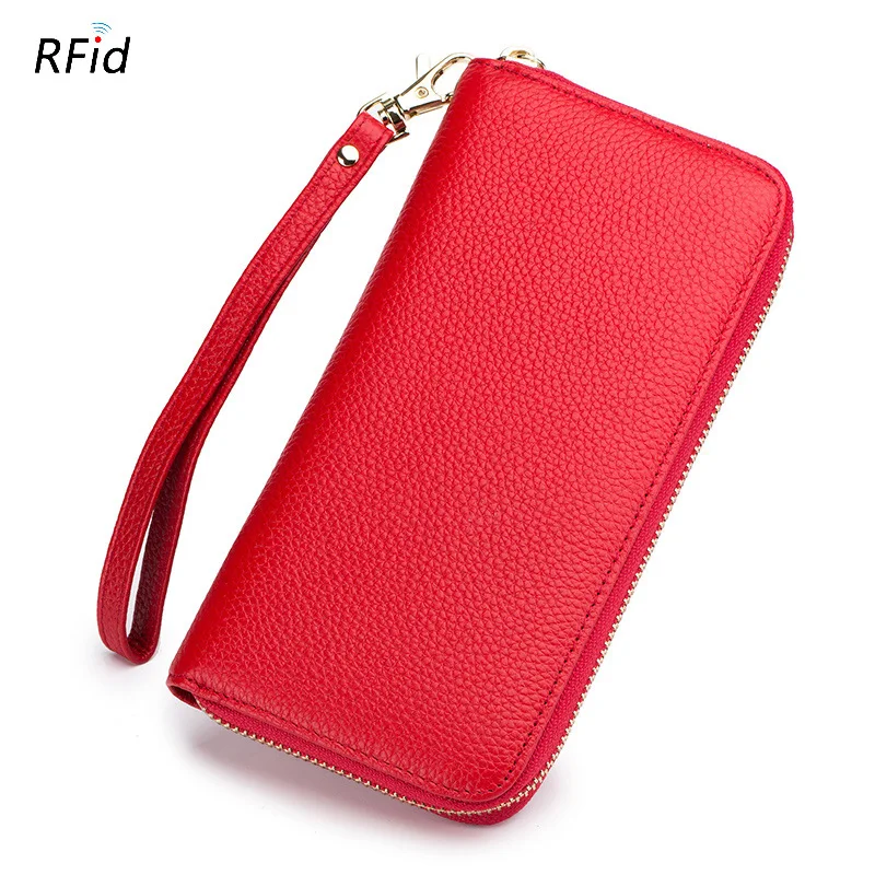 (pl-a218 Vermelho) Carteira Feminina Em Couro Genuíno Com Leitor De Cartão Antifurto Rfid, Carteira Longa De Luxo Em Couro Bovino Com Zíper.