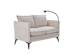Sofá moderno de dois lugares com braços e bolsos laterais, ideal para sala de estar, quarto e varanda, em chenille bege.