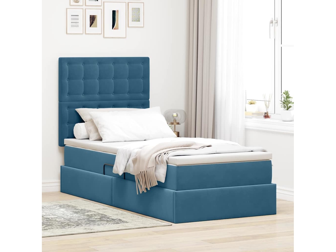 Vidaxl Cama Com Arrumação E Colchão Azul Escuro 100 X 200 Cm Veludo