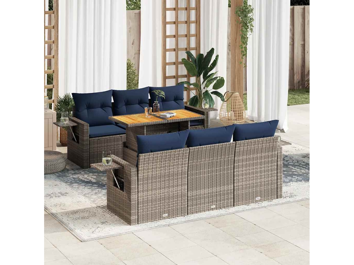 Vidaxl 7 Pcs Conjunto Sofás P/ Jardim C/ Almofadões Vime Pe Cinzento