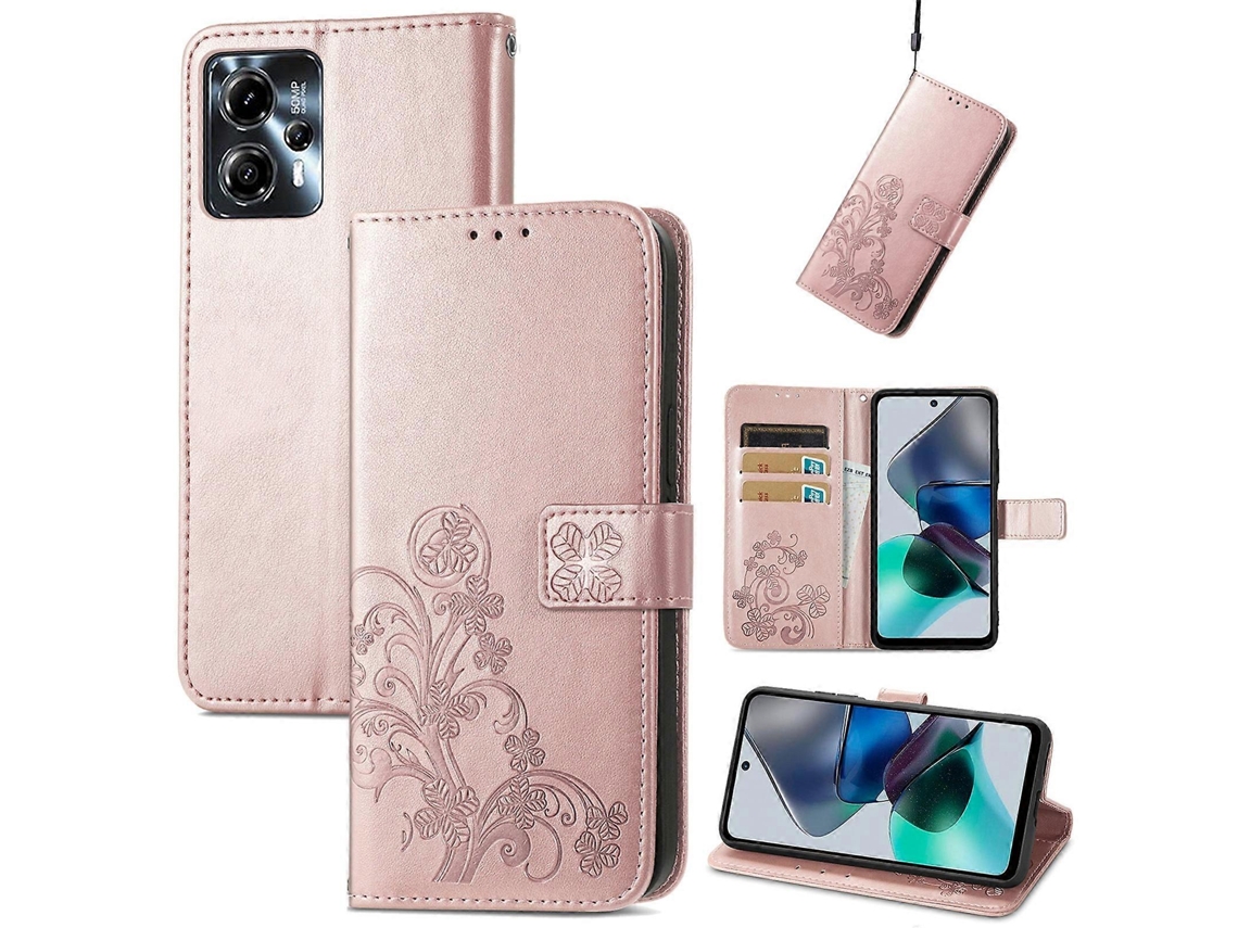 Capa De Couro Com Fecho De Quatro Folhas E Fivela Em Relevo Para Motorola Moto G23