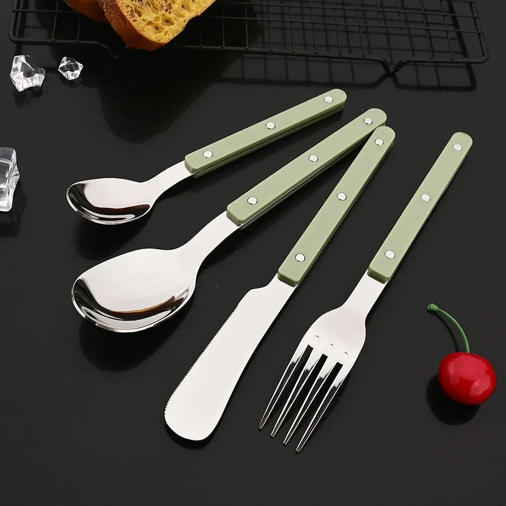 Talheres de Aço Inoxidável com Alça Acrílica, Incluindo Faca, Garfo e Colher, Cozinha para Uso Doméstico MDUG (verde, Conjunto de 4 Peças)
