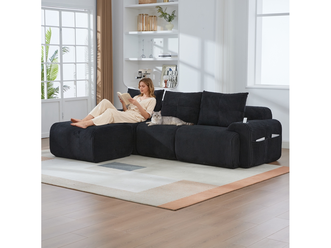 Sofá Modular 3l Veludo Cotelê Pufe Preto Impacto Visual VOLTEDGE