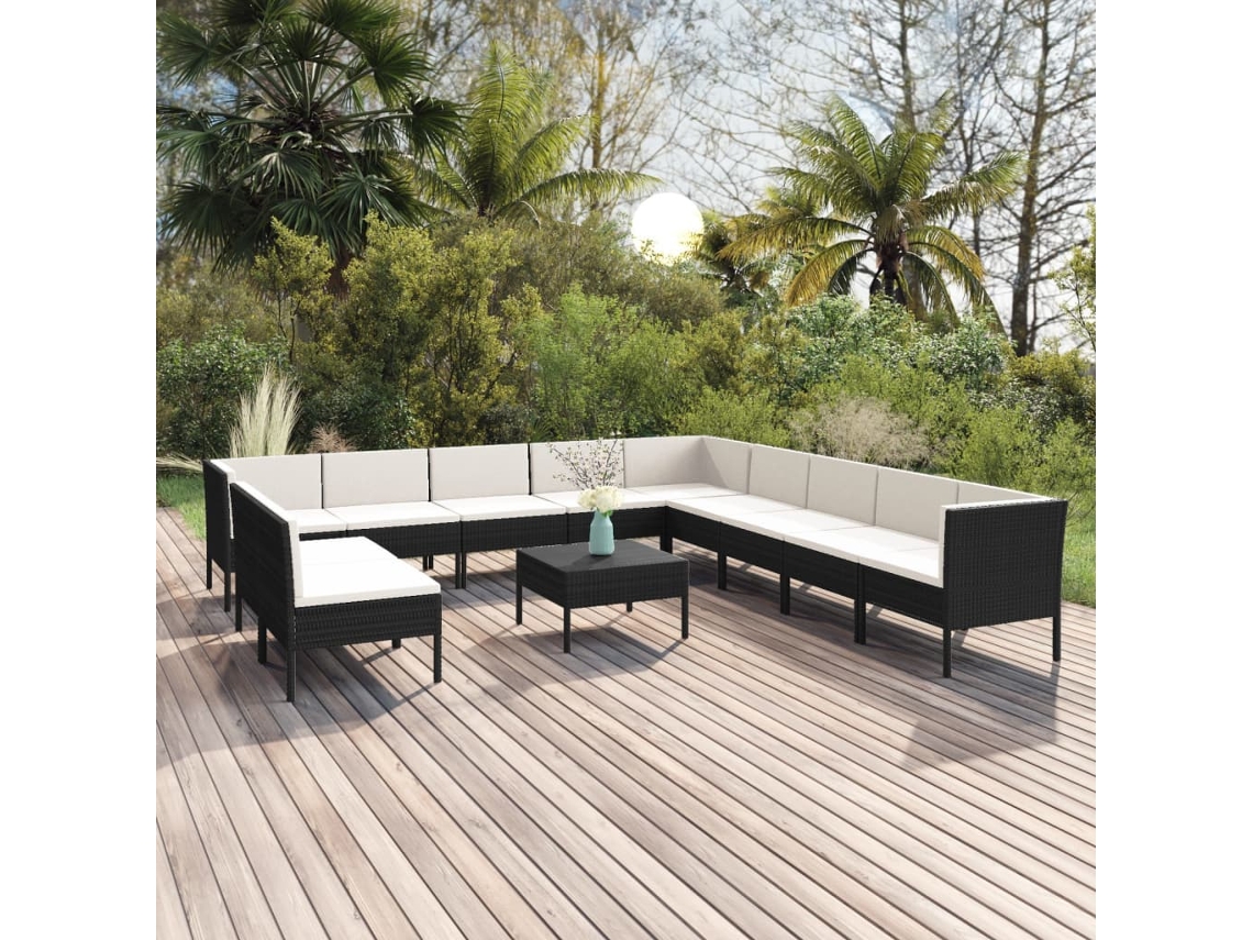 Conjunto Lounge Jardim 12 Peças C/ Almofadões Vime Pe Preto Dkd Home Decor