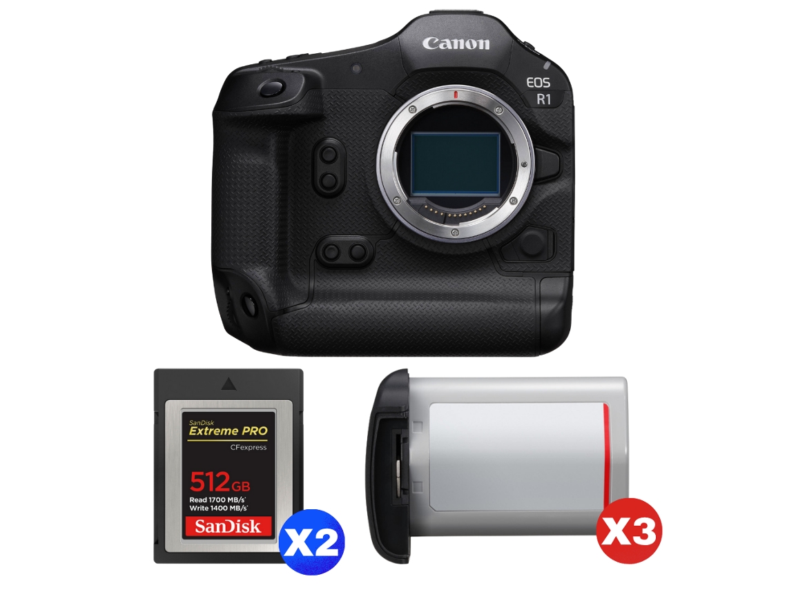Eos R1 + 2 Sandisk 512gb Extreme Pro Cfexpress Type B + 3 Canon Lp e19 + Ebook “20 Dicas para Fotos Que Impressionam” CANON