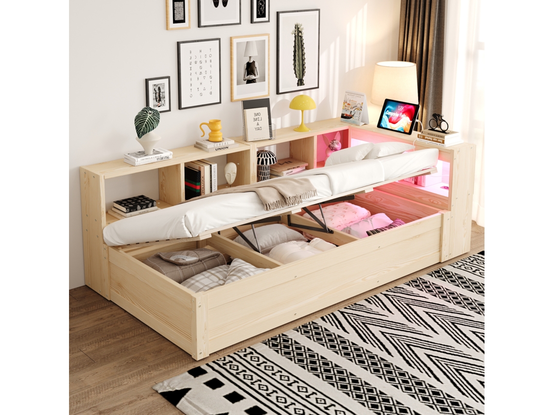 Sofá Cama 90x200 Cm Com Tomada Eu Arrumação E Led Multicolor Madeira Sem Colchão