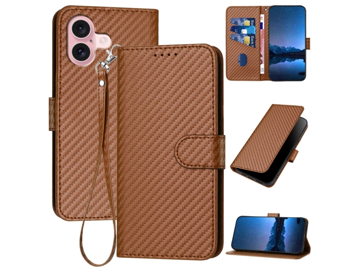 Capa De Couro Para Iphone 16 - Fivela Em Fibra De Carbono - Com Cordão