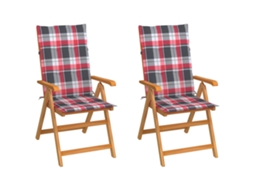Cadeiras Jardim C/ Almofadões Xadrez Vermelho 2 Pcs Teca Maciça Dkd Home Decor