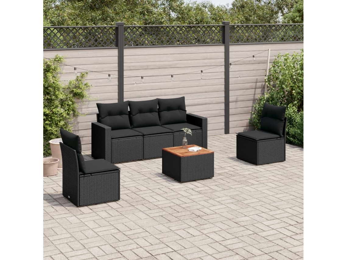 6 Pcs Conjunto Sofás De Jardim C/ Almofadões Vime Pe Preto Dkd Home Decor