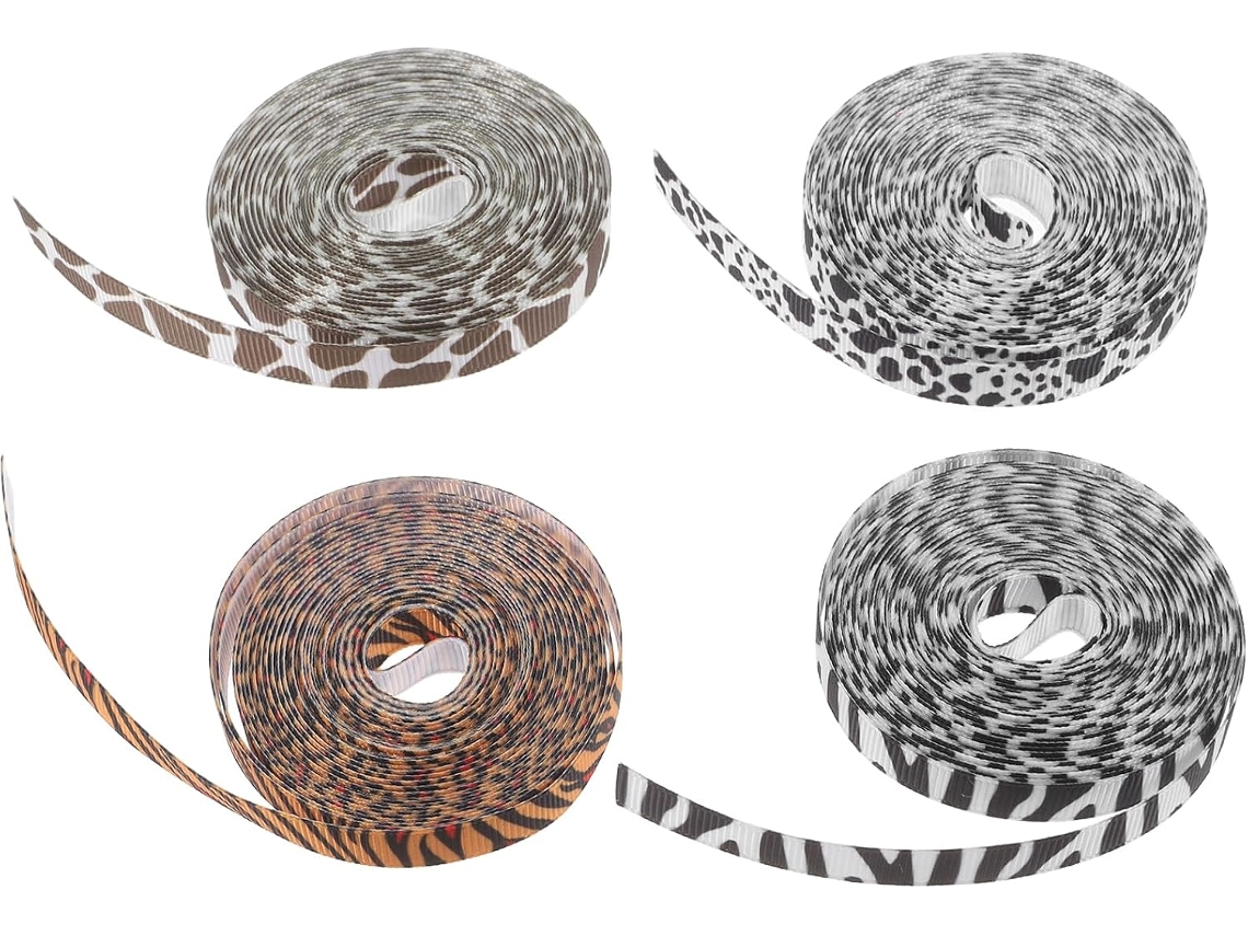 4 rolos de fitas de poliéster com estampa animal para presentes Embrulho, uso versátil em artesanato e decoração de Natal.