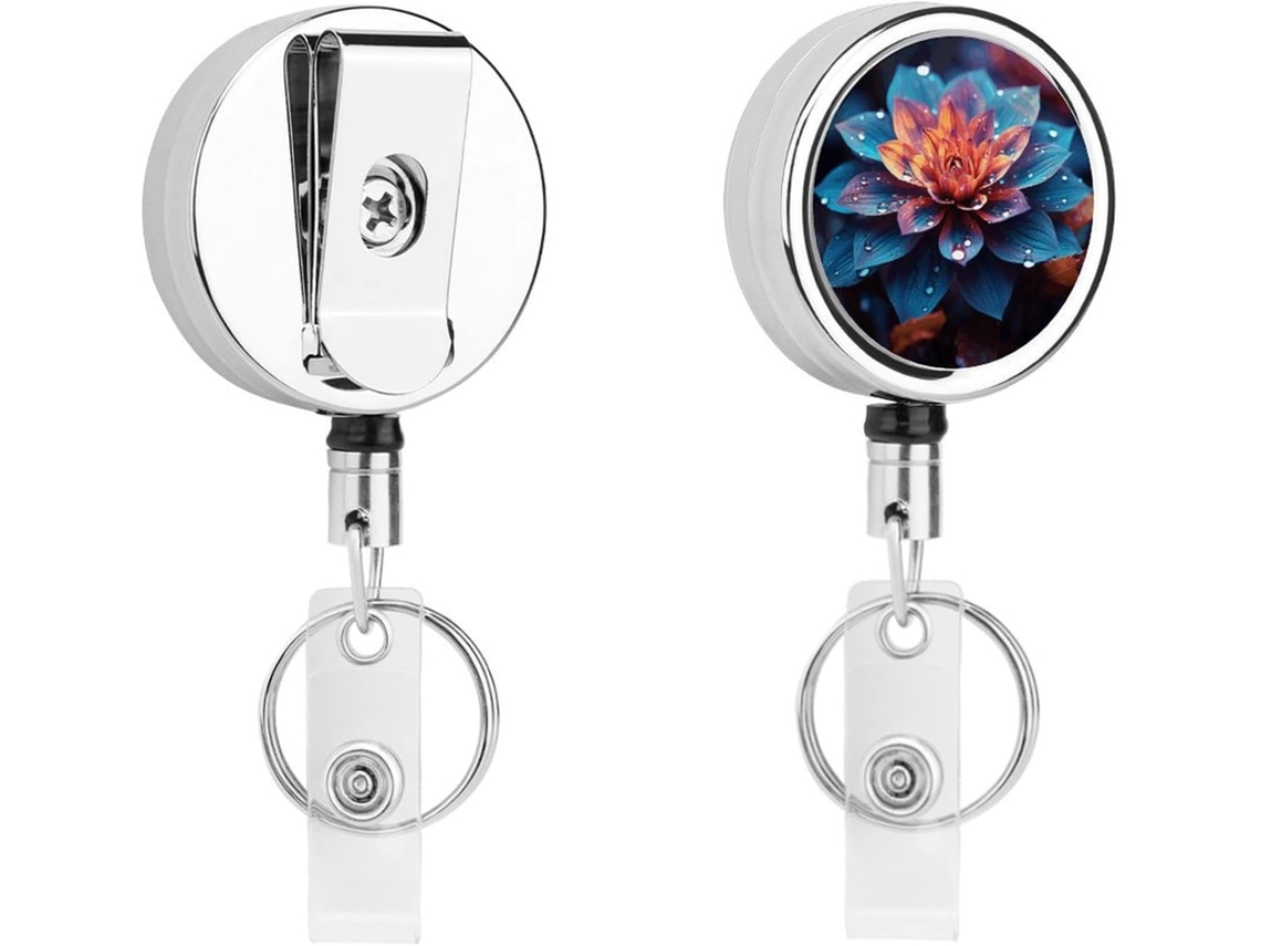 Porta-crachá retrátil com mosquetão e chaveiro de florzinho, porta-crachá de metal resistente.