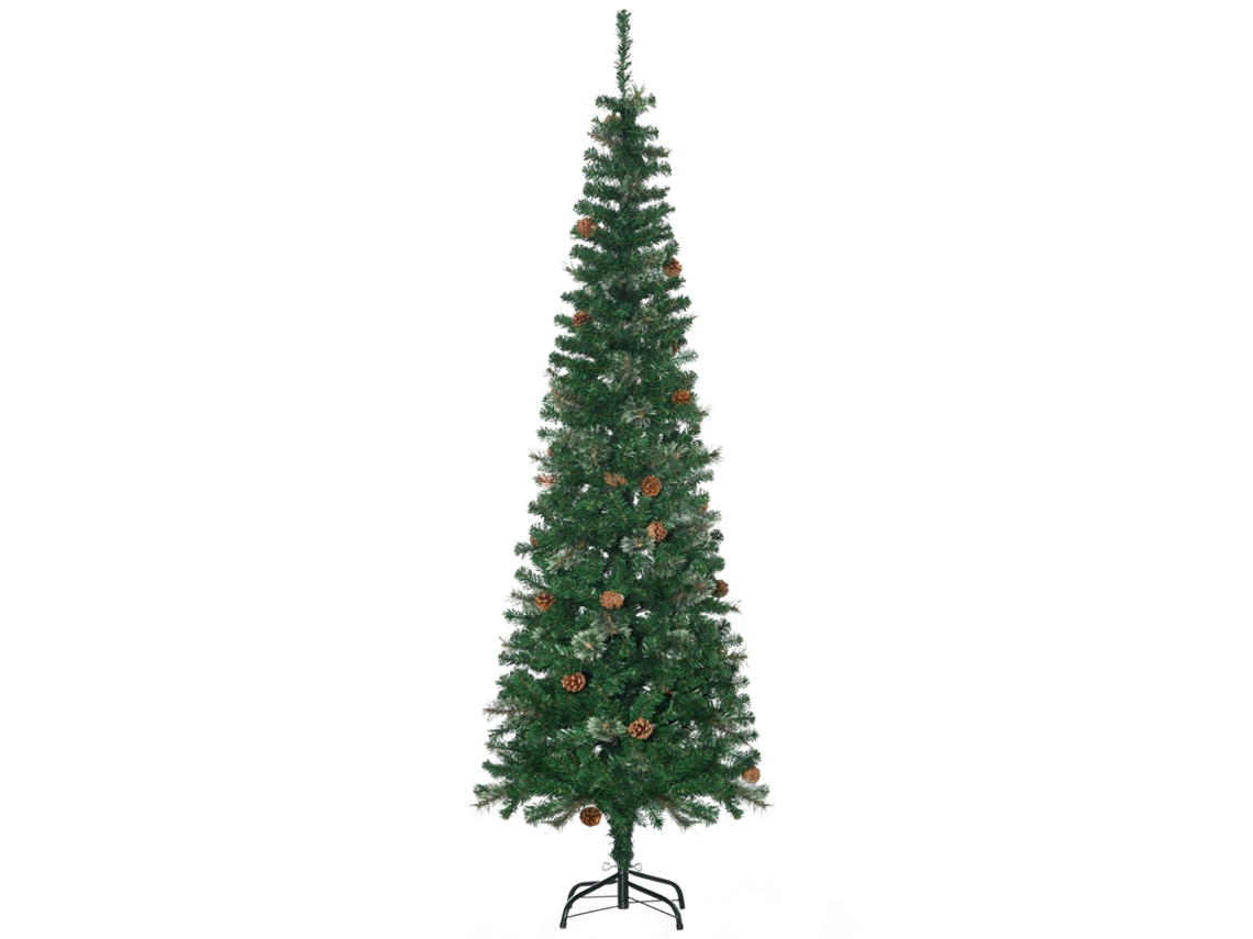 Árvore De Natal 195 Cm 556 Ramos Lápis Estreito Em Formato De Lápis Com 25 Pinhas Base Dobrável Verde