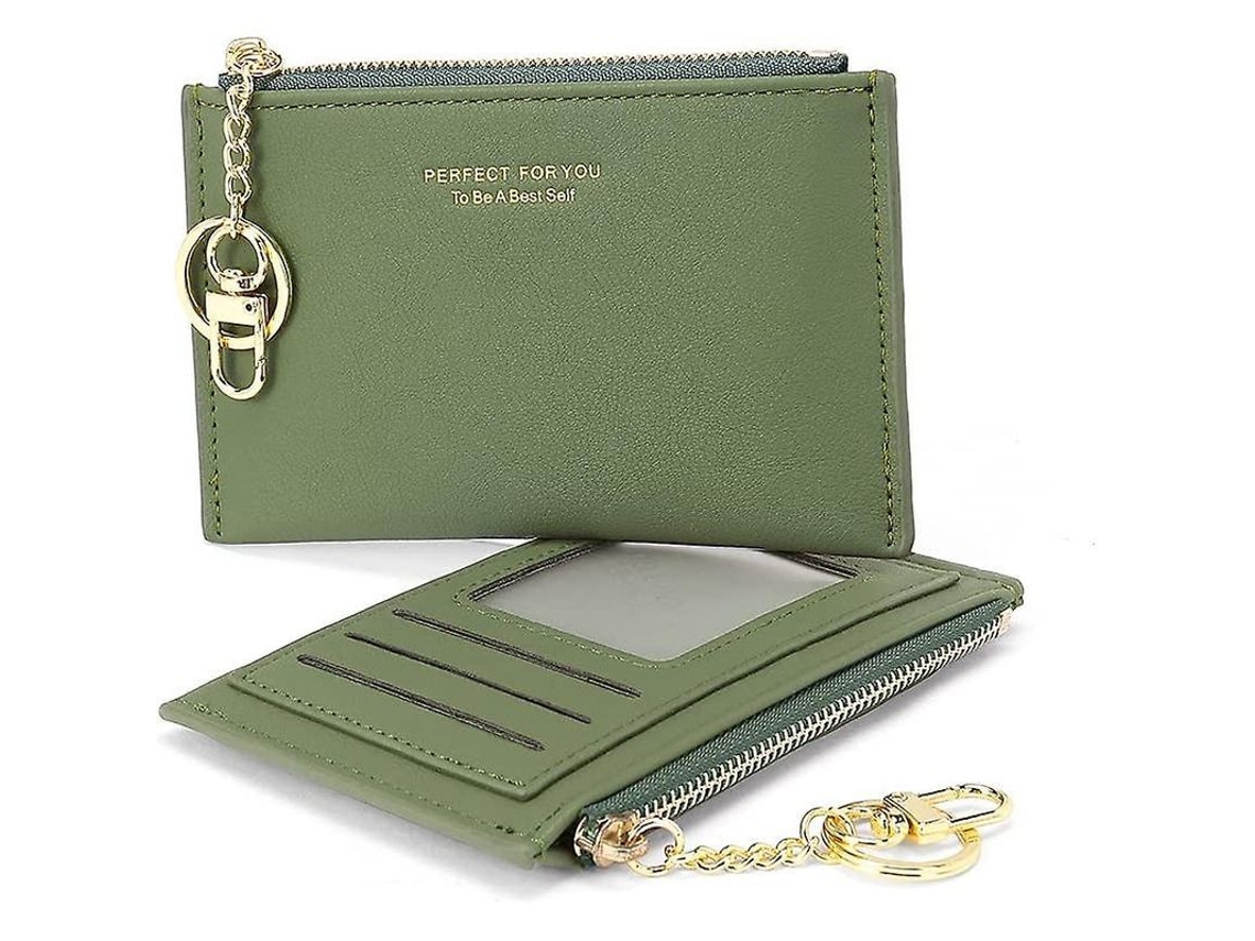 2026 cartera de Couro Vegano Pequena para Mulher com Fecho, Porta moedas, Cartões e Chaveiro Verde
