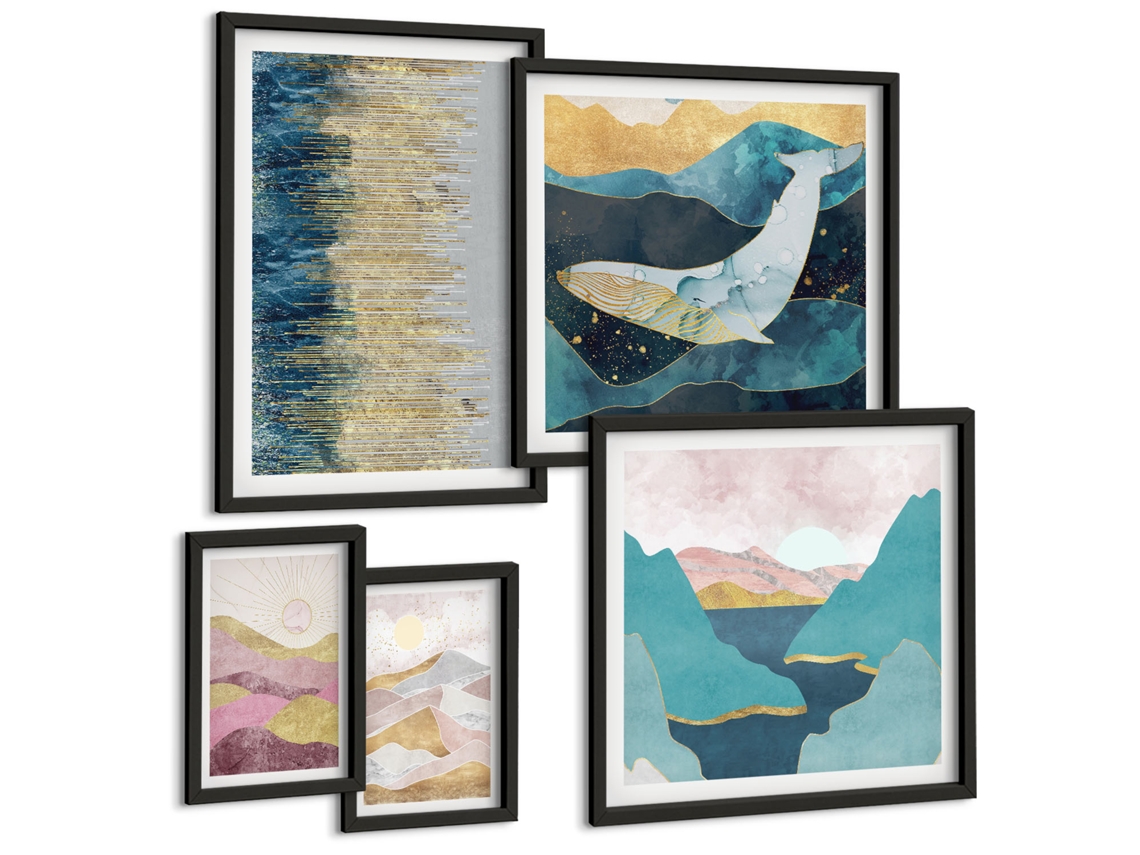 Conjunto De Pinturas Montanhas Abstratas Mar Moderno Espelharte (5 Peças)