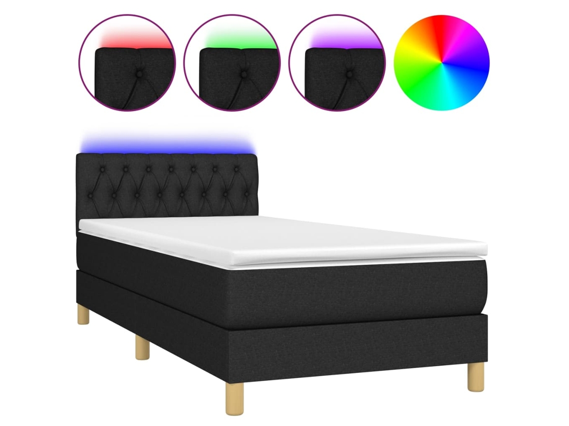 Cama Box Spring com Colchão e Led Tecido Preto MAISON EXCLUSIVE (90x200 cm)